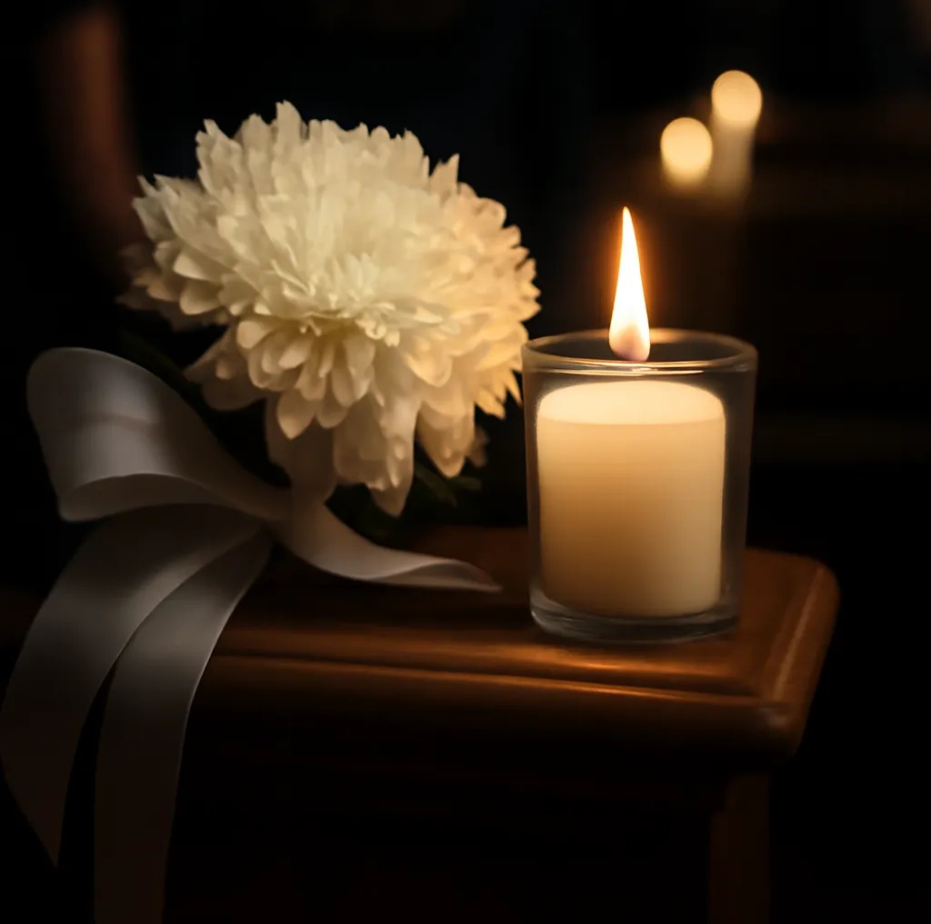 Fleur blanche et bougie allumée composent cet hommage intime et silencieux.